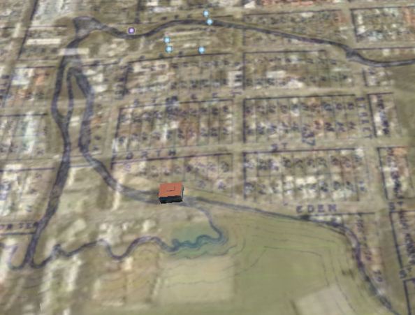 Otago Polytechnic D-block in Google Earth with Thompson’s 1872 Town Plan